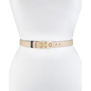 Salvatore Ferragamo Gancini-Buckle Reversible Belt Black & Macadamia Gold Buckle
